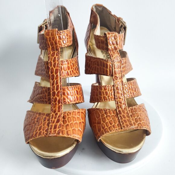 Michael Kors High Heels Size 6 T-Strap Sandals Camden Croc Embossed Camel Tan - Picture 5 of 11